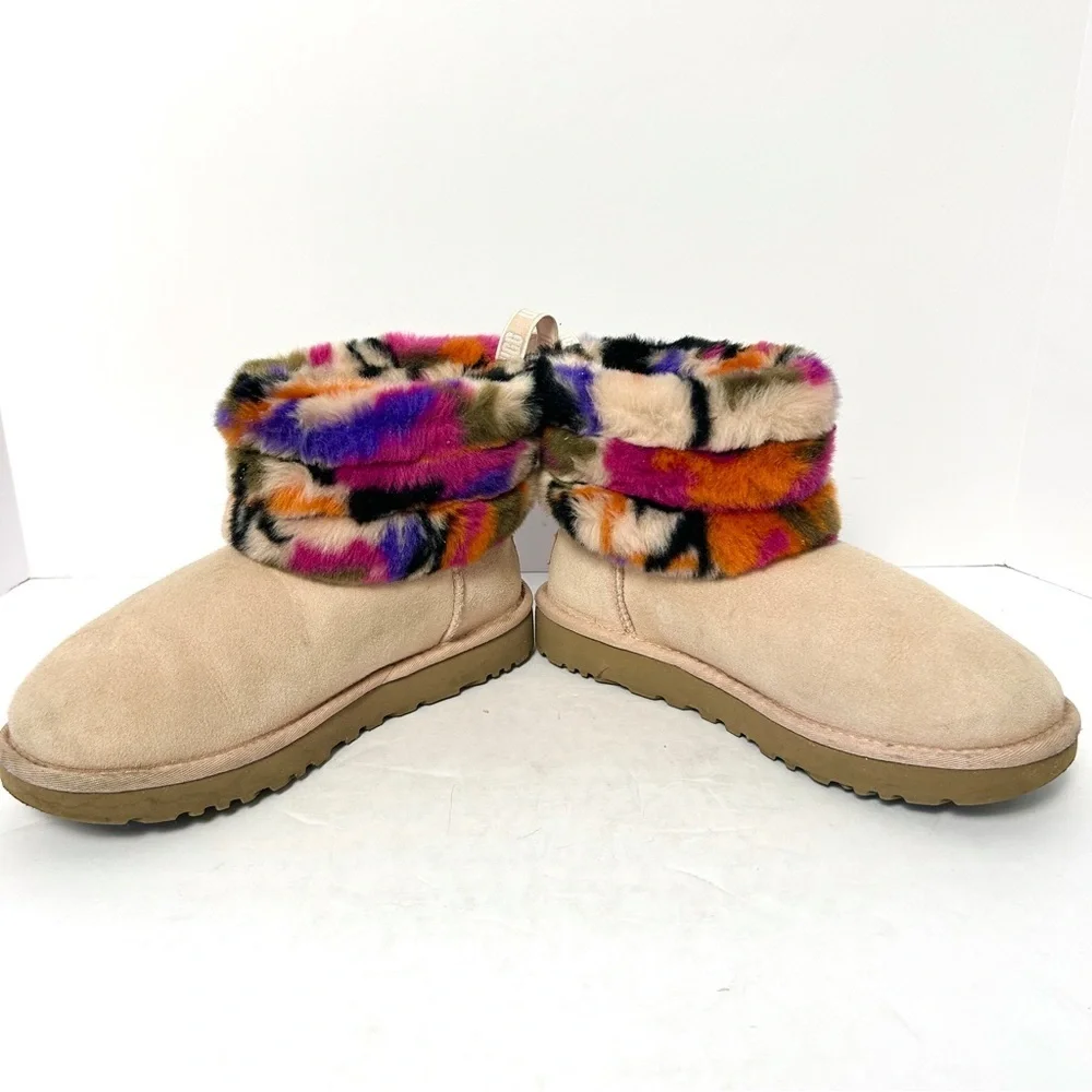 UGG Fluff Mini Quilted Motlee Boots Shoe Suede Sheepskin Pink Size EU 38 US 7